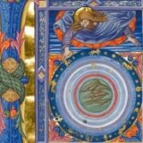 Rijkversierde middeleeuwse manuscriptpagina met een blauwe hemelkaart