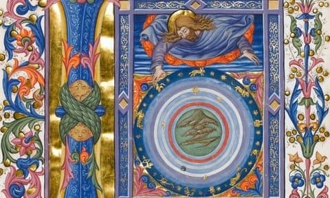 Rijkversierde middeleeuwse manuscriptpagina met een blauwe hemelkaart